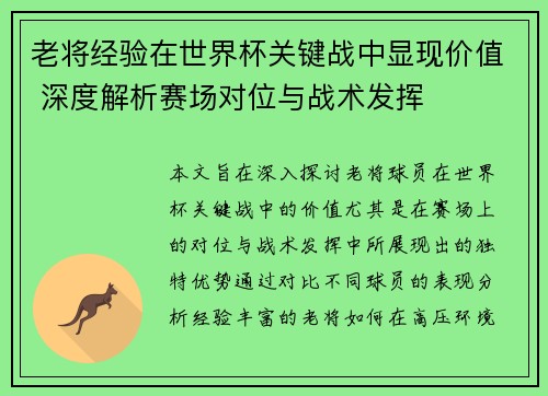 老将经验在世界杯关键战中显现价值 深度解析赛场对位与战术发挥